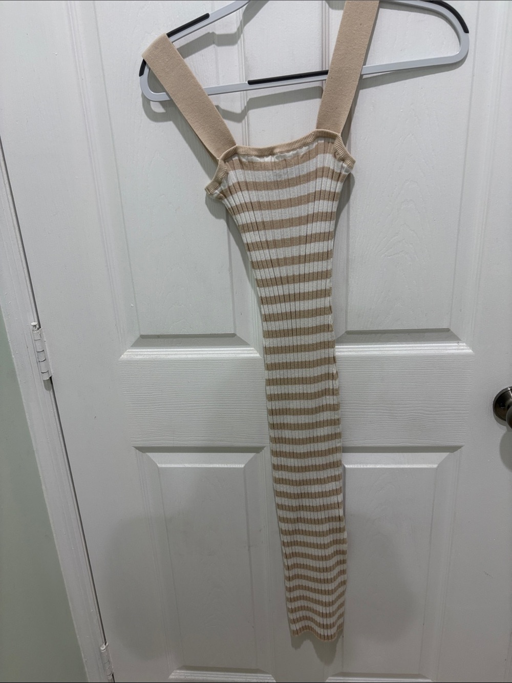 Striped Beige and White Ribbed Knit Dress